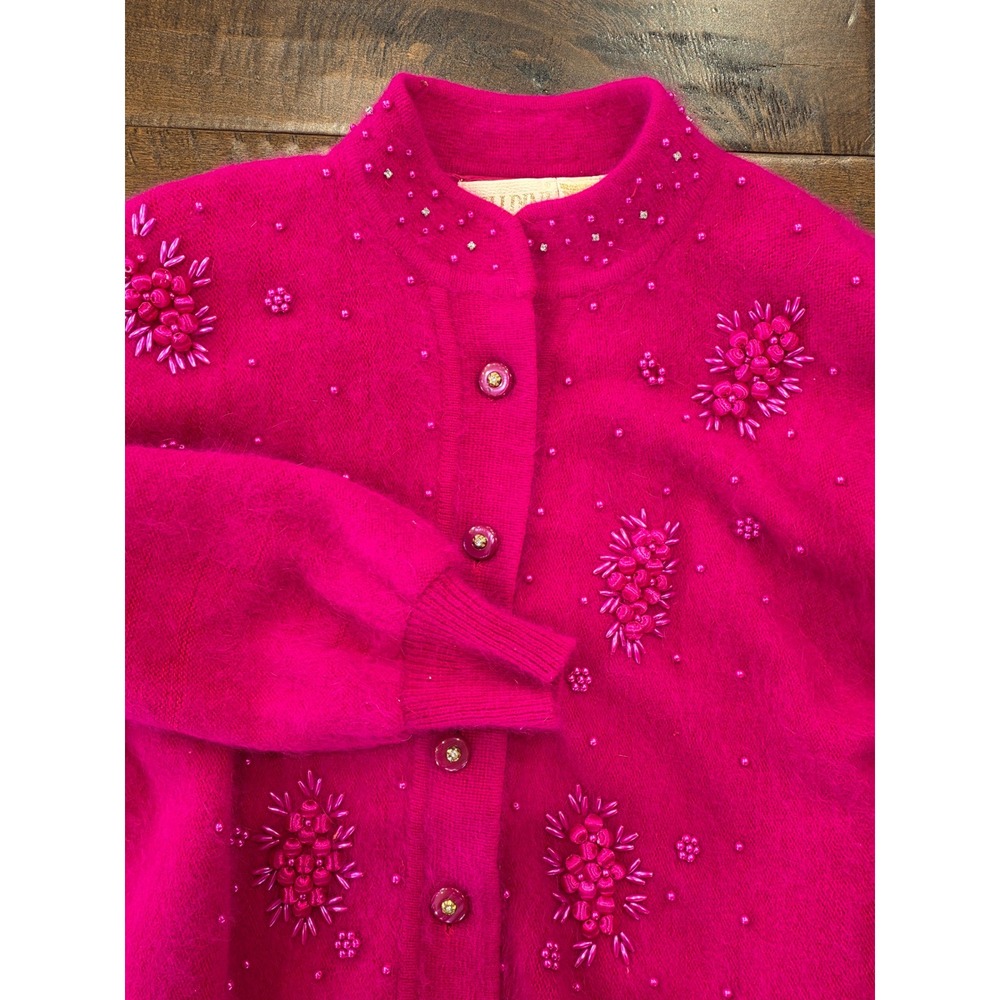 VTG Mobwife Fuzzy Galdini Hot Pink Angora Blend Beaded Floral Cardigan Sweater L